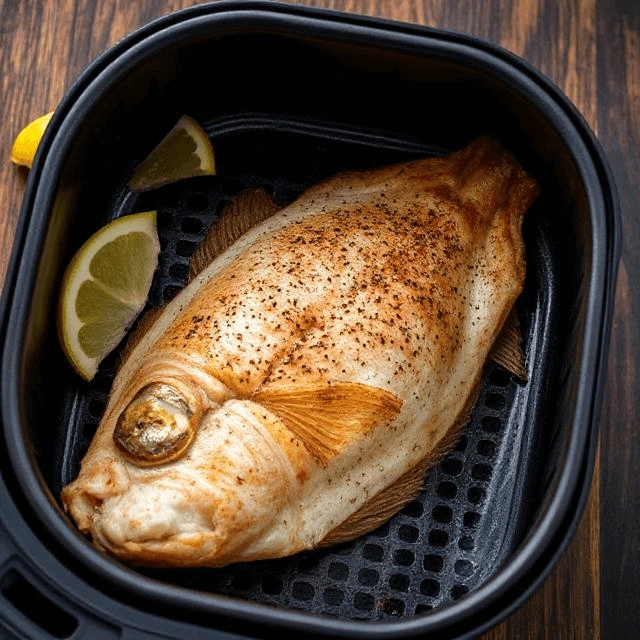 Whole seasoned fish cooked in an air fryer, garnished with lemon wedges.