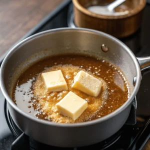 Butter and sugar melting in a saucepan