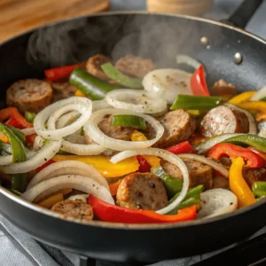 Onions, bell peppers, and garlic sautéing in a skillet.