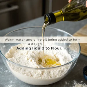 Pouring water and oil into flour mixture