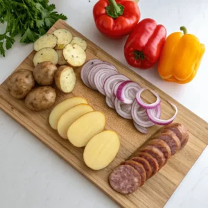 Sliced potatoes, sausage, onion, and bell pepper arranged on a cutting board.