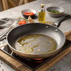 A skillet with heated olive oil.