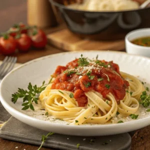 Rice pasta served on a plate