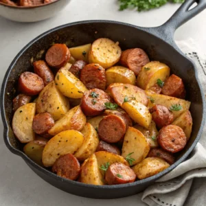 Smoked sausage mixed with cooked potatoes in a skillet.