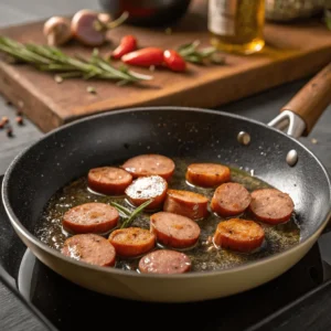 Sliced sausage browning in a skillet.