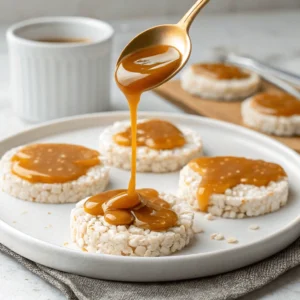 Drizzling caramel over rice cakes