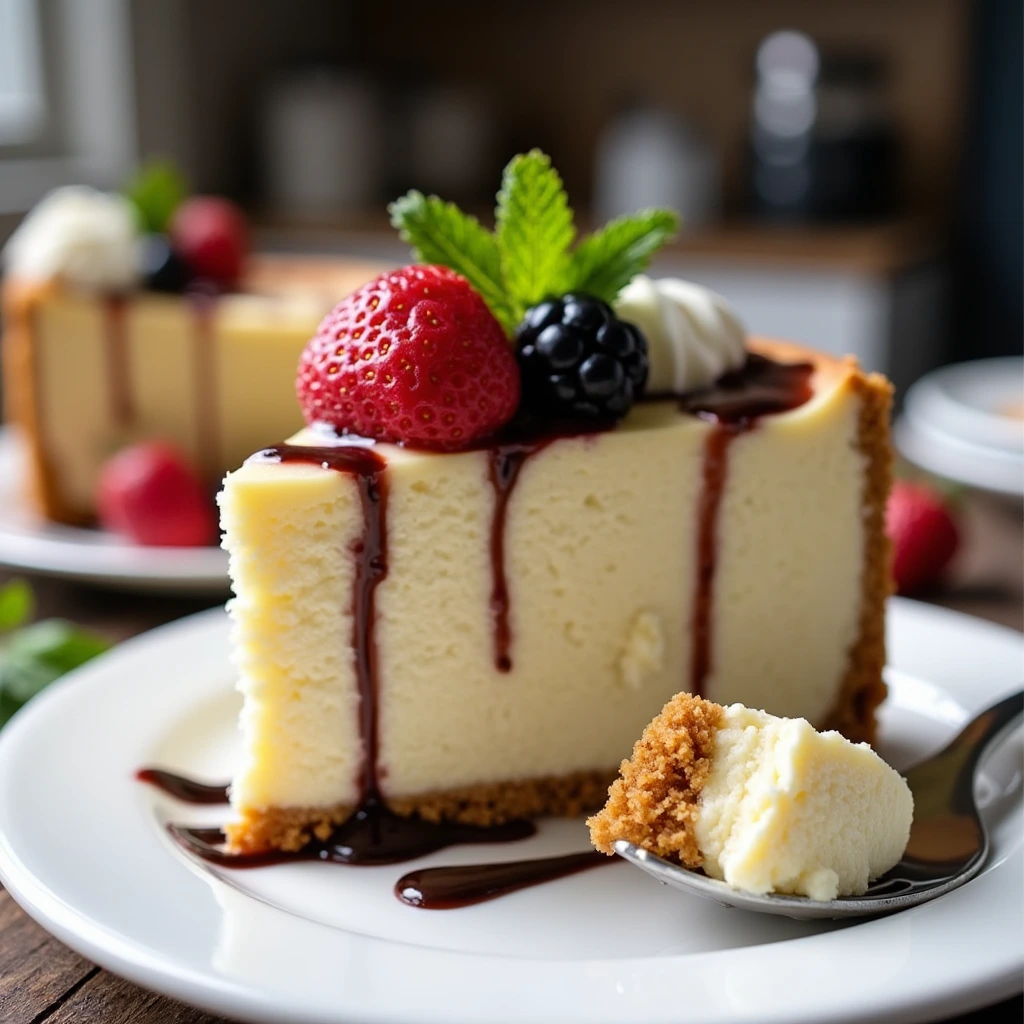 A light and fluffy no-bake cheesecake with a golden graham cracker crust, topped with fresh berries, chocolate drizzle, and whipped cream on a white plate. A fork with a small bite rests beside it, with soft natural lighting and a cozy kitchen background.