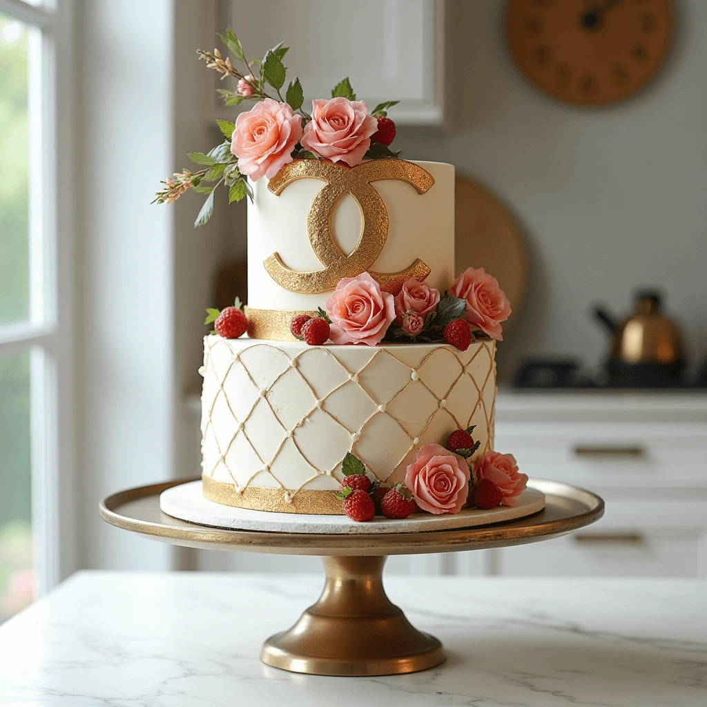 Luxurious chanel cake on a modern cake stand featuring intricate gold leaf accents, elegant piping, fresh edible flowers, and vibrant berries in a bright, contemporary kitchen.