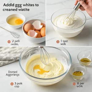 Collage showing egg whites being whisked into a creamed mixture for a quince cake, with eggs and small bowls of ingredients on a white countertop.