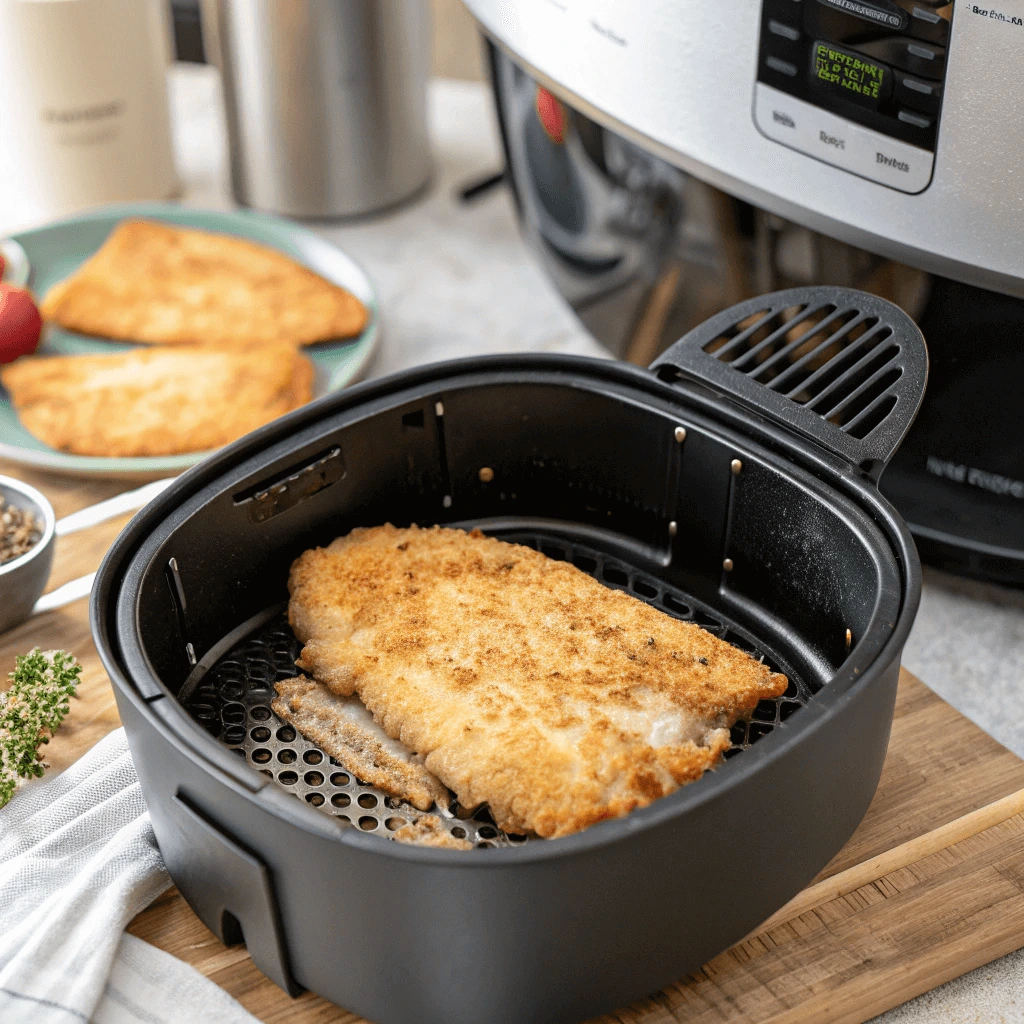 Golden, crispy breaded fish fillet in an air fryer basket, ready to be served.