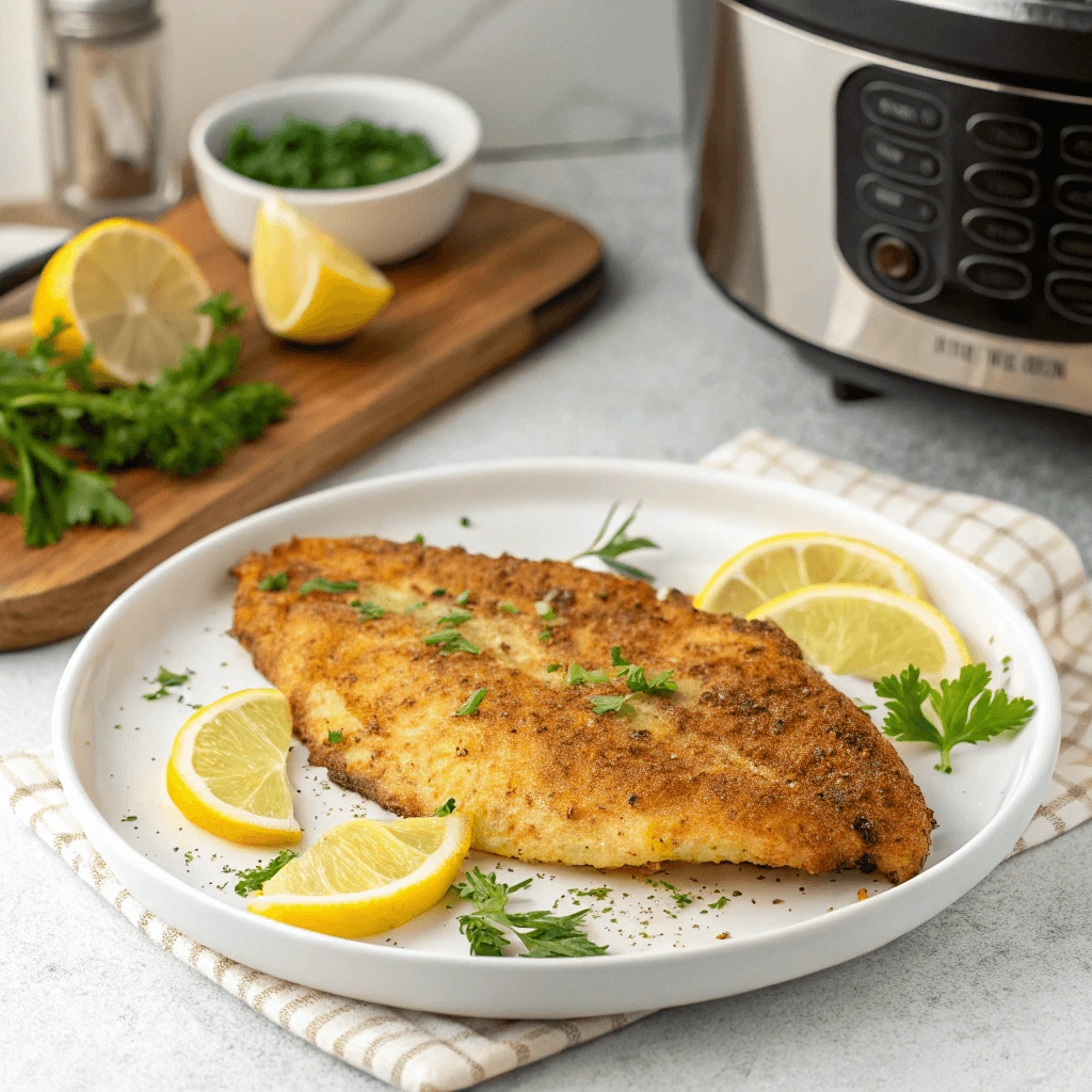 Crispy, golden-brown fish fillet on a white plate, garnished with fresh parsley and lemon wedges.