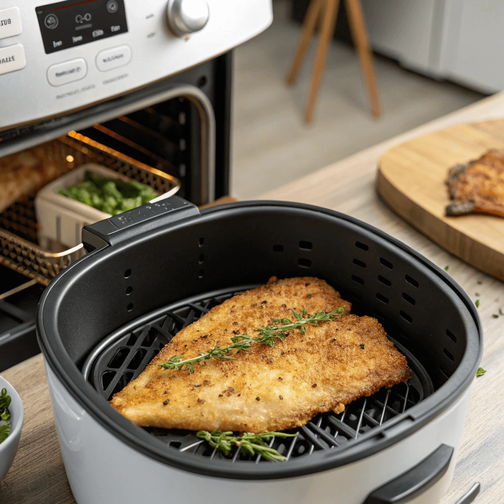 Crispy, golden-brown fish fillet in an air fryer basket, garnished with fresh thyme.