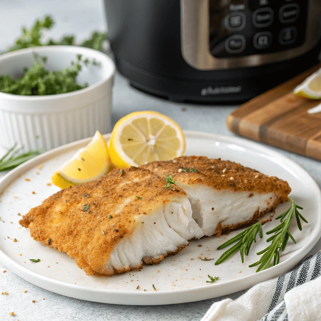 Crispy, golden-brown fillet of fish served on a white plate with lemon wedges and fresh herbs.