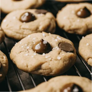 Soft peanut butter cookies topped with melted chocolate chips and a sprinkle of coarse salt, cooling on a wire rack.