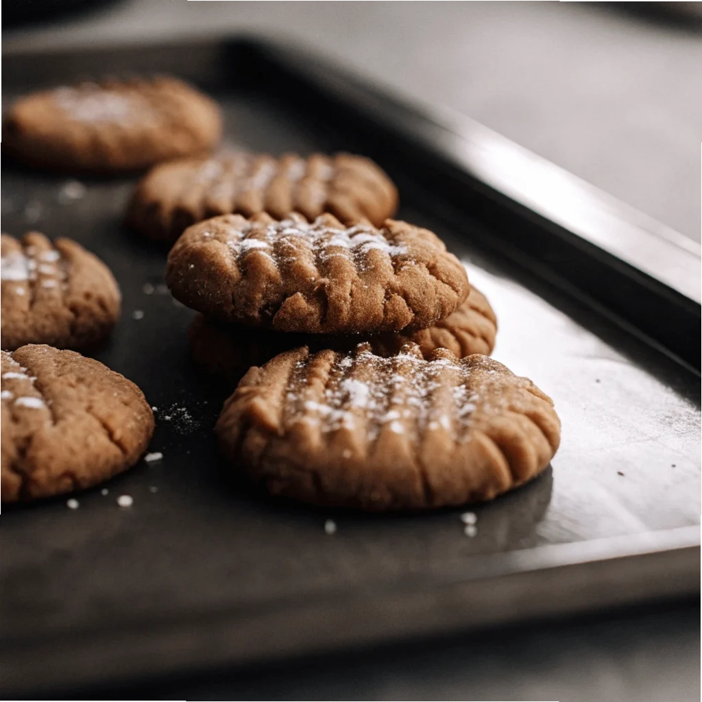 Freshly baked peanut butter cookies with a crisscross pattern, lightly dusted with powdered sugar on a baking tray.