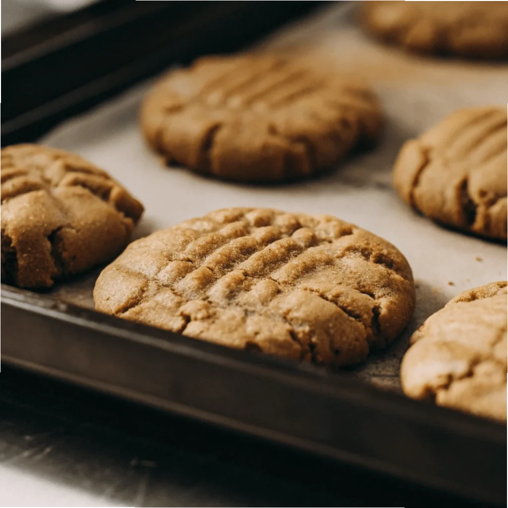 Freshly baked peanut butter cookies with a crisscross pattern, cooling on a parchment-lined baking tray.