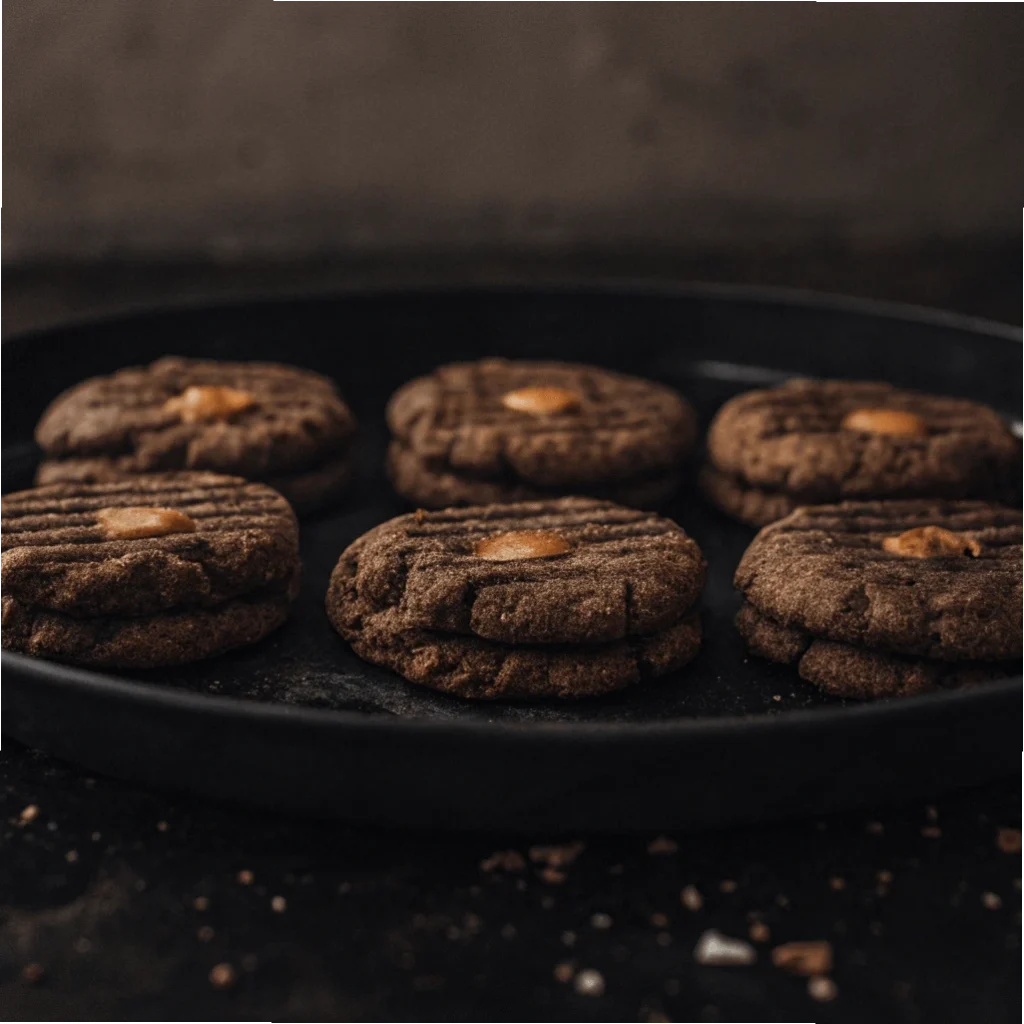 A plate of chocolate cookies with a soft center, topped with a small dollop of peanut butter.