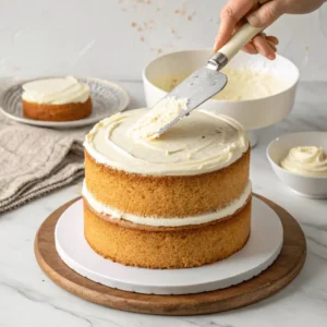 Assembling the cake layers with frosting