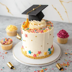 Decorating a graduation cake with toppers and sprinkles