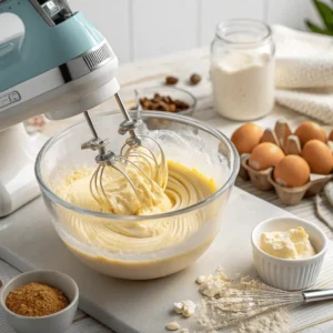 Mixing cake batter in a large bowl