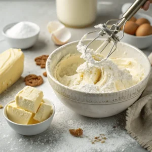 Preparing frosting in a mixing bowl