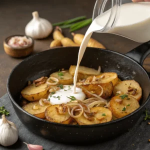 Pouring milk and adding aromatics on potatoes