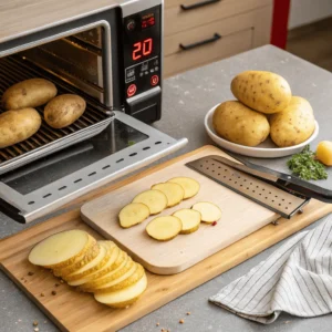 Preheating oven and slicing potatoes