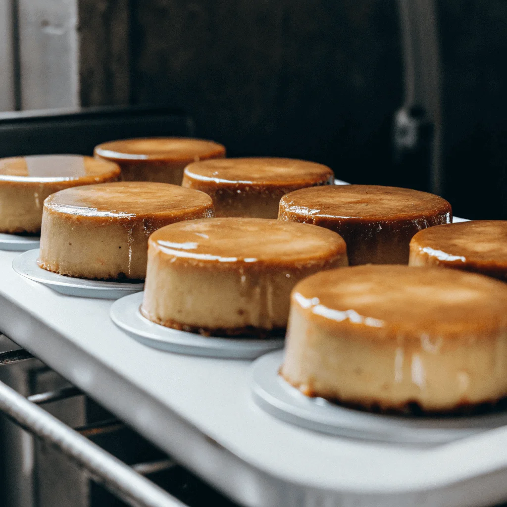 A tray of custard cakes with a smooth, golden glaze arranged in metal molds.