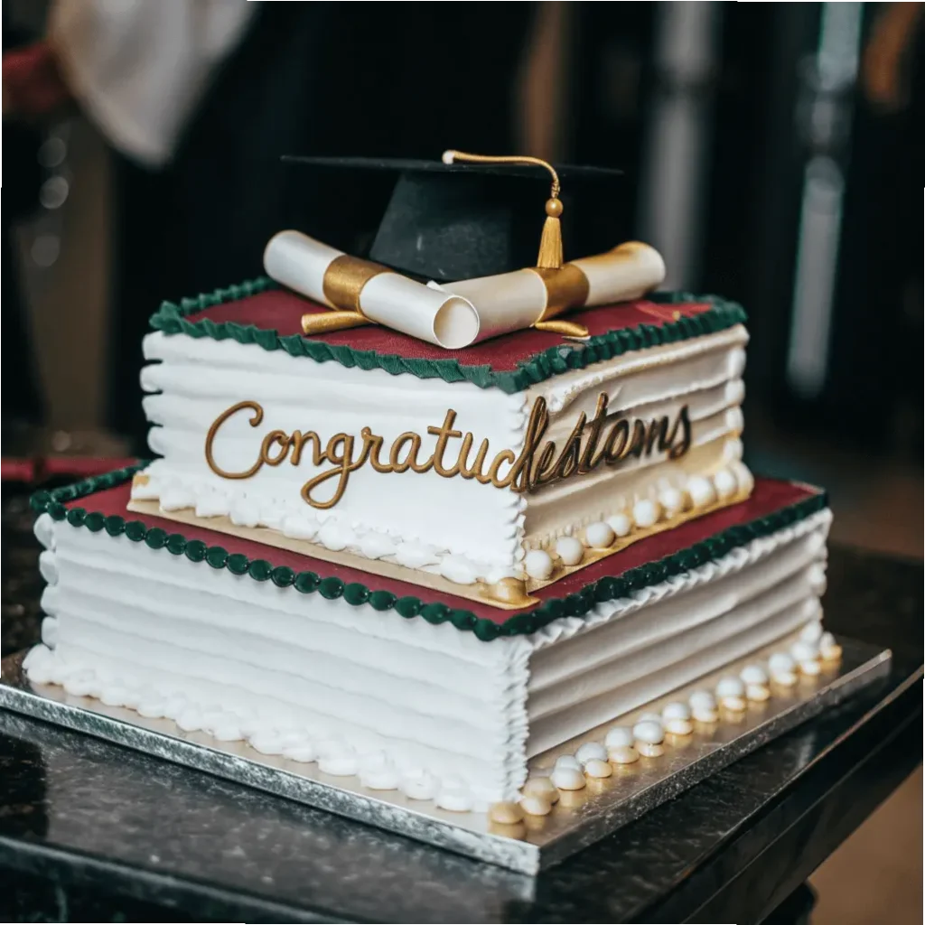 A two-tier white and maroon graduation cake with a black mortarboard, rolled diplomas, and gold “Congratulations” lettering, showcasing creative Graduation Cake Ideas for a festive celebration.