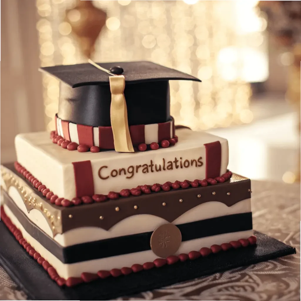 A multi-tiered cake adorned with a black mortarboard topper and a “Congratulations” message in red and gold accents.