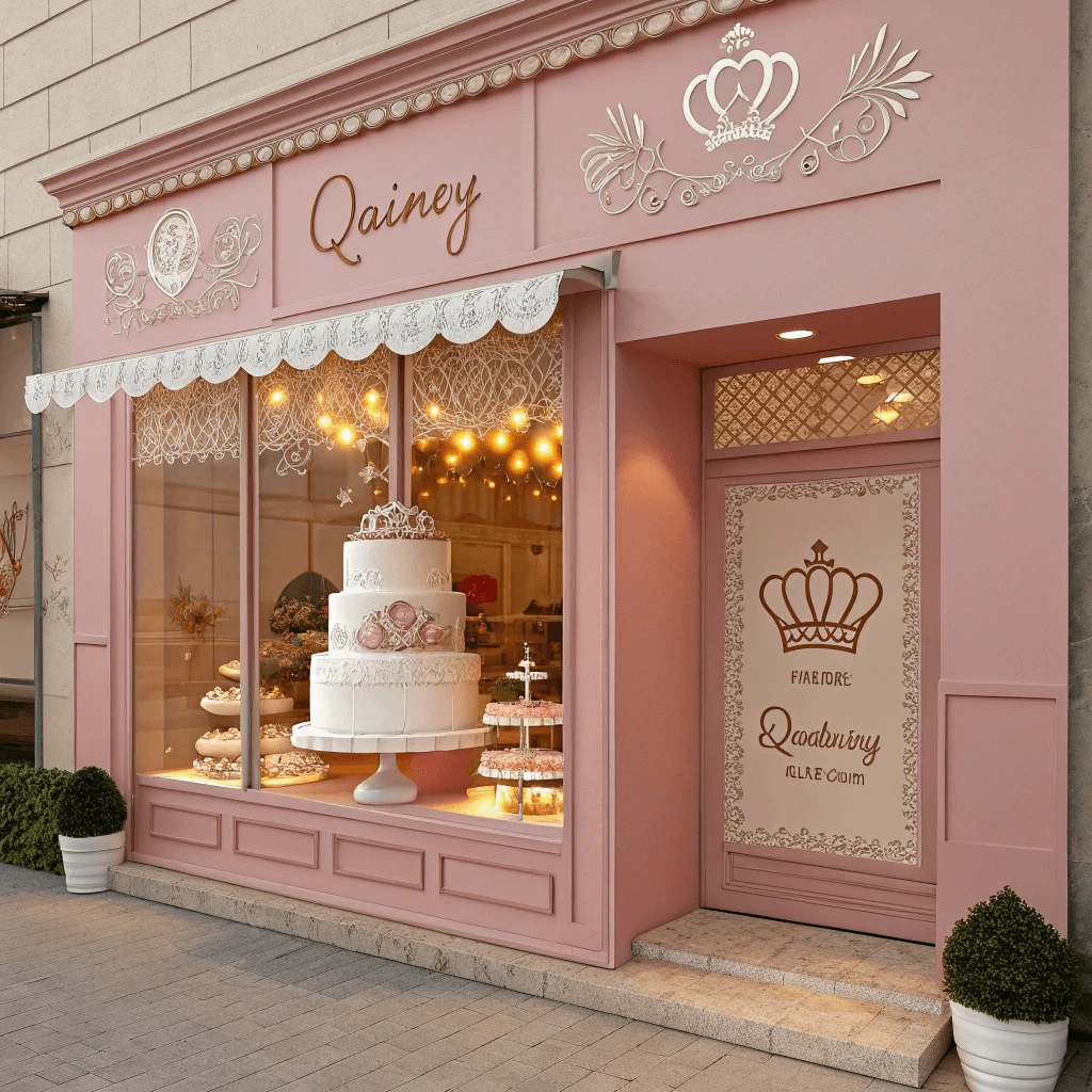 Inviting bakery storefront featuring a display window with beautifully decorated quince cakes in warm pastel tones, accented with subtle lace details and crown toppers.