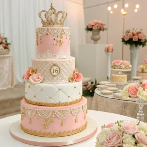 Elegant multi-tiered quince cake adorned with intricate fondant details, delicate lace patterns, and edible sugar flowers in pastel blush, ivory, and gold accents, featuring a crown topper and subtle metallic embellishments in a festive, softly lit setting with floral arrangements.