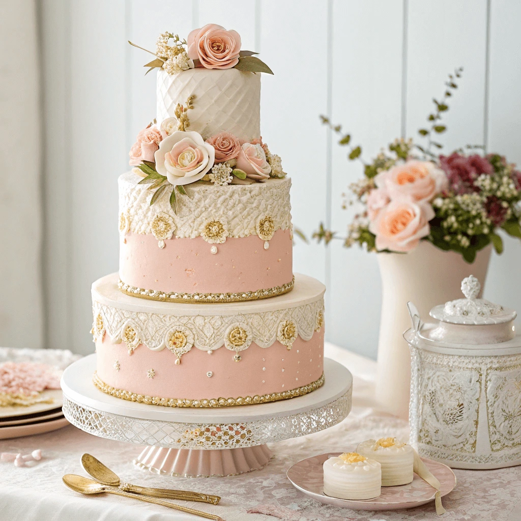 Classic quince cake showcasing timeless elegance with delicate lace details, intricate floral piping, and subtle gold accents in soft pastel tones, set on a vintage cake stand.