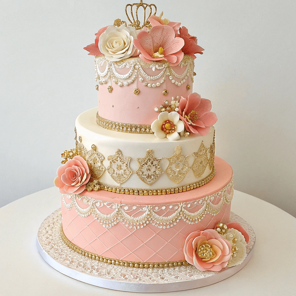 Elegant multi-tiered quince cake with delicate edible flowers, ornate fondant details, and subtle metallic accents in soft pastel tones, capturing the timeless charm of a quince celebration.