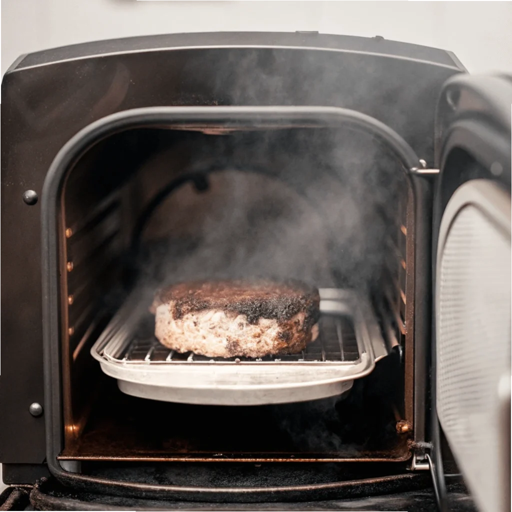 A frozen burger patty cooking in an air fryer, producing smoke as it starts to overcook.