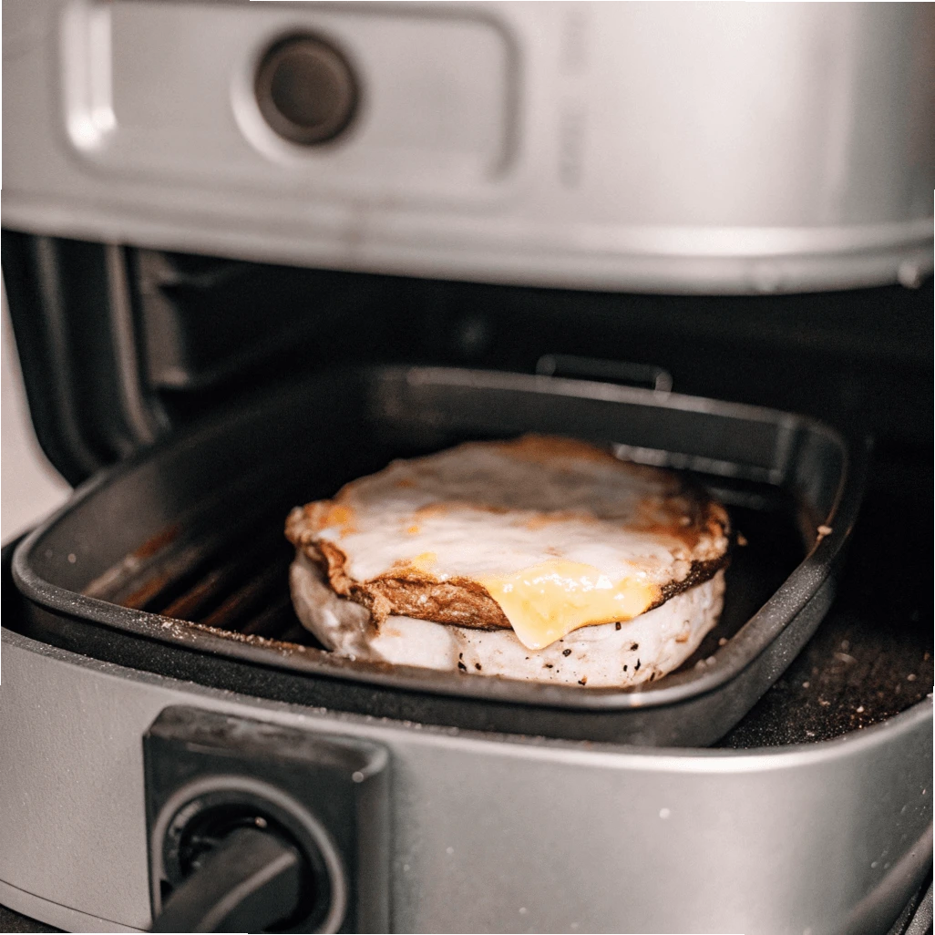 A melted cheese-topped frozen burger patty cooking in an air fryer basket, showing a golden, crispy texture.