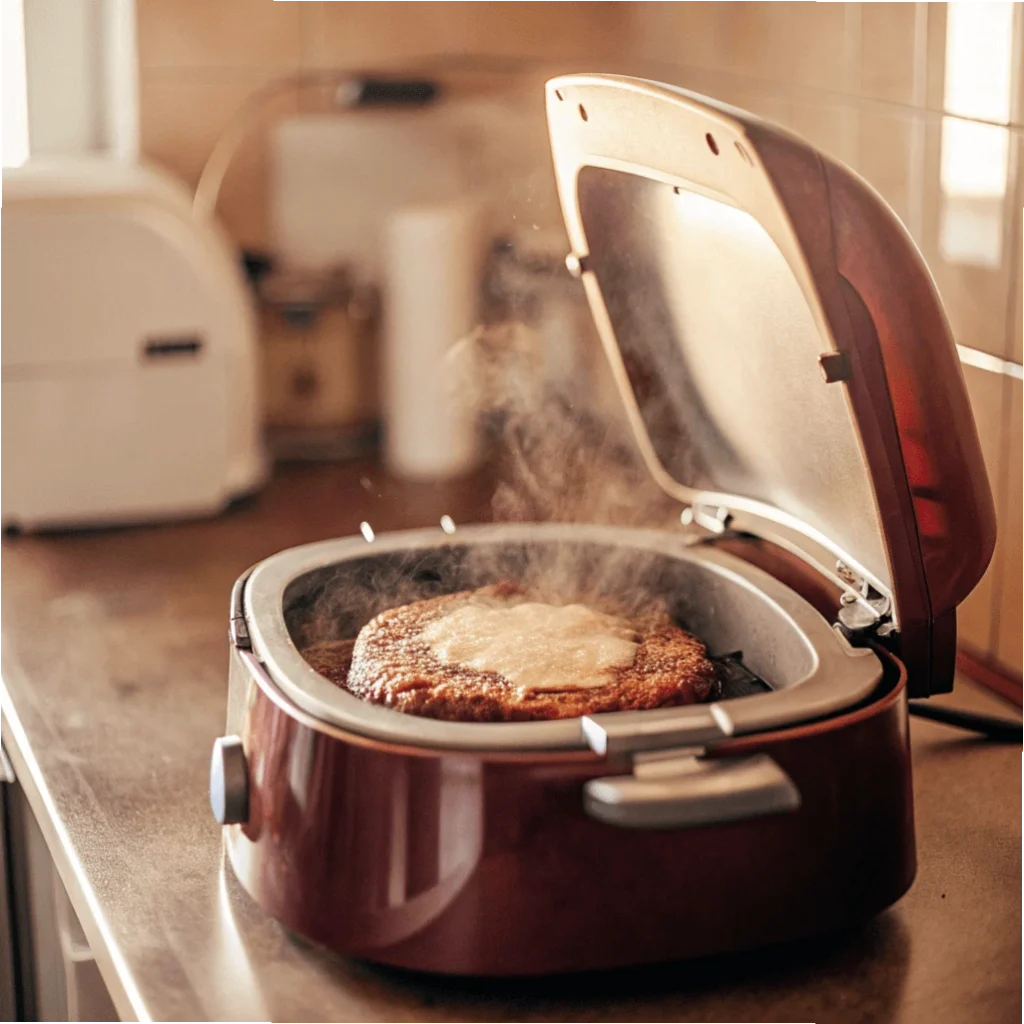 A freshly cooked burger patty with melted cheese in an open air fryer, releasing steam.