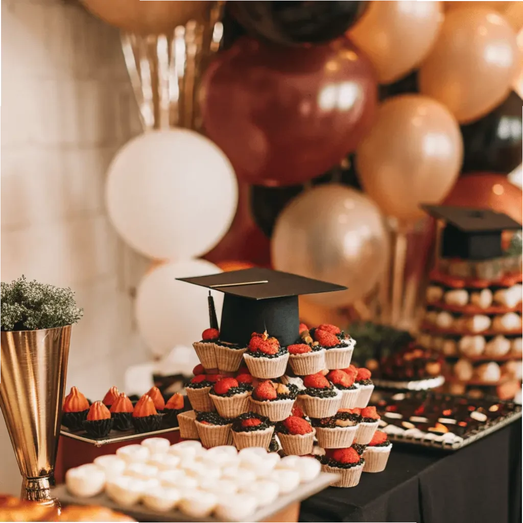 A tower of strawberry-topped cupcakes arranged on a multi-tier stand with a mortarboard topper.