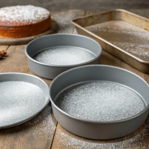 Three round cake pans lightly dusted with flour on a wooden table, with a freshly baked cake in the background.