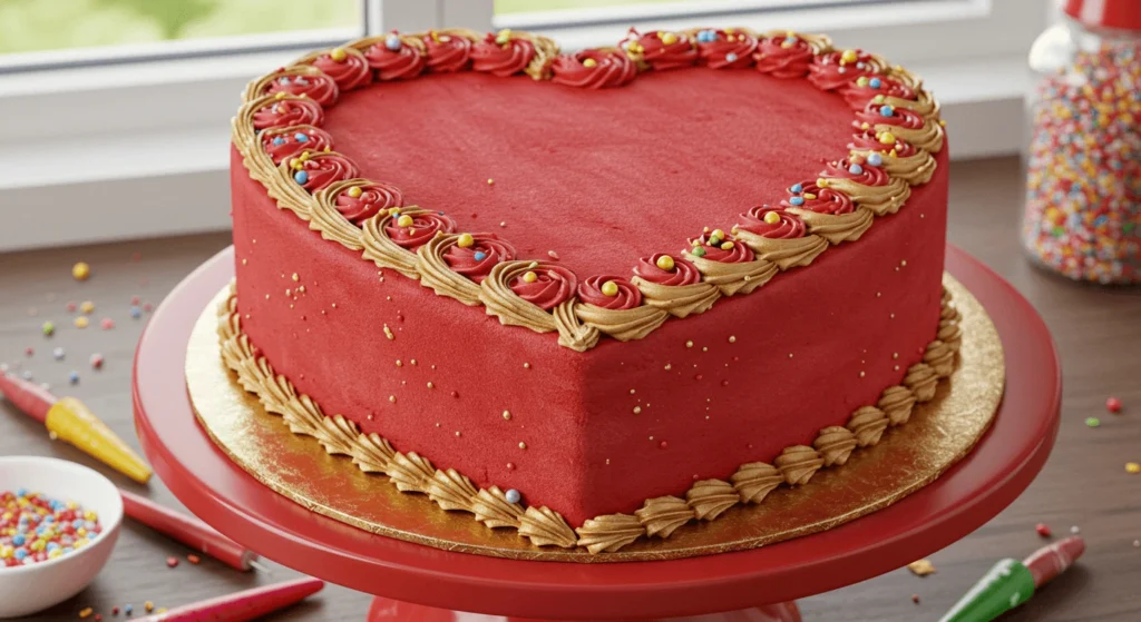 A layered chocolate heart cake topped with fresh raspberries and edible flowers, displayed on a gold board.