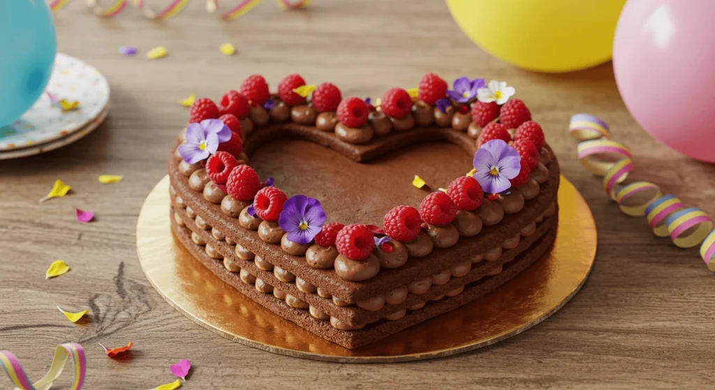 A pink ombre heart-shaped cake decorated with rosette piping, lit birthday candles, and colorful sprinkles.