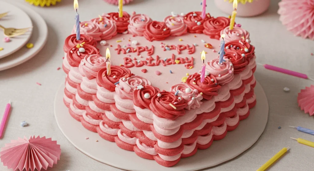 A layered chocolate heart-shaped cake topped with chocolate cream swirls, fresh strawberries, and gold leaf details.