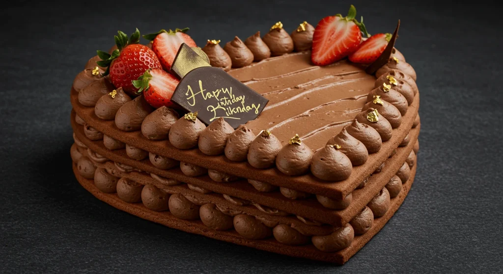 A layered heart-shaped chocolate cake topped with chocolate cream swirls, fresh strawberries, gold leaf accents, and a small birthday plaque.