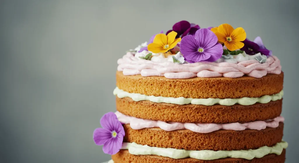 Layered vanilla cake with pastel frosting and edible flowers.