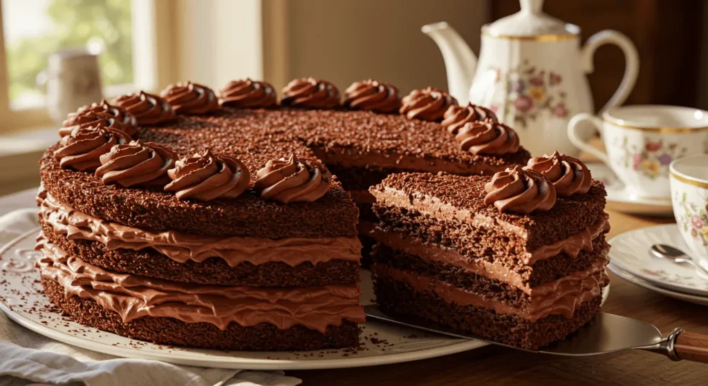 Old-Fashioned Cakes: Layered chocolate cake with creamy frosting and decorative swirls.