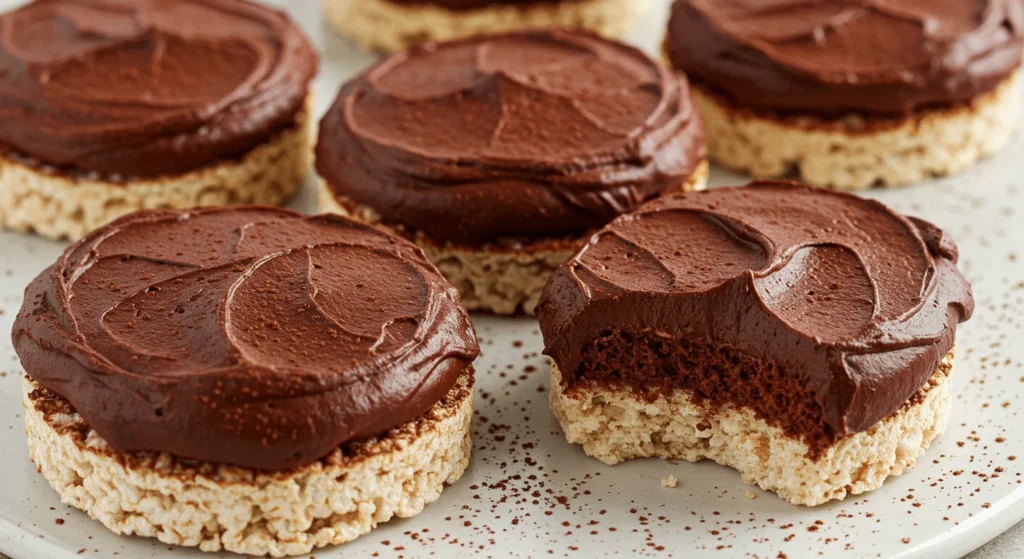 Close-up of several round rice cakes topped with creamy chocolate frosting, with one partially eaten to show the crisp interior.