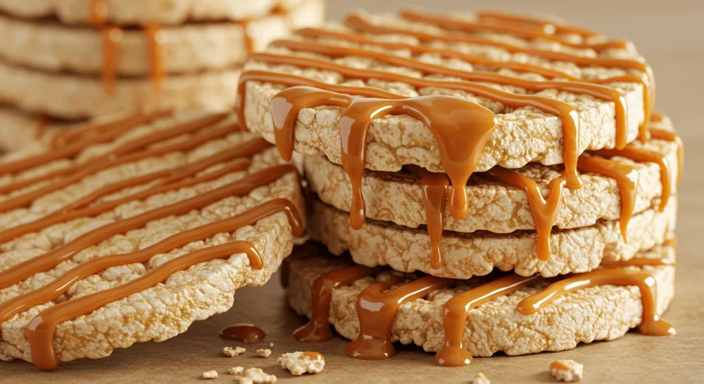 Crispy rice cakes drizzled with rich, golden caramel, stacked and placed on a rustic wooden surface.