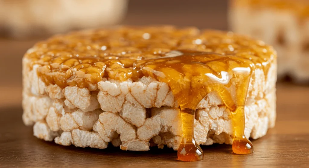 A close-up of a crispy rice cake with a thick layer of golden caramel oozing over the edges, highlighting the rich texture and glossy finish.