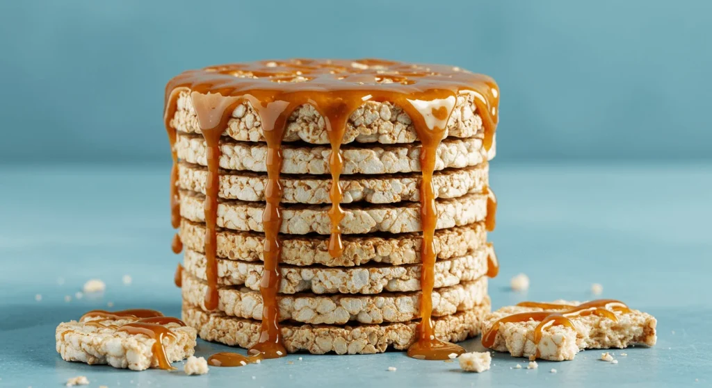 A stack of crispy rice cakes drizzled with rich, golden caramel sauce, with broken pieces and caramel drips surrounding the base.