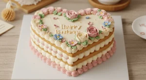 A heart-shaped layered vintage cake with golden biscuit layers, piped buttercream, and delicate pastel floral decorations.